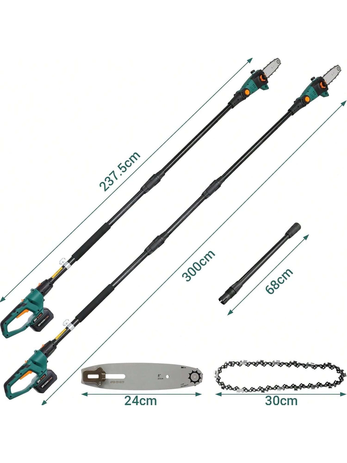 Perche ¨¦lagueuse ¨¦lectrique sans fil, scie t¨¦lescopique ¨¦lectrique, avec batterie/chargeur Li-Ion 20 V 4,0 Ah, longueur de lame 24 cm, vitesse de cha?ne 5 m/s, t¨ºte moteur avec inclinaison 30¡ã, jusqu'¨¤ 3 m