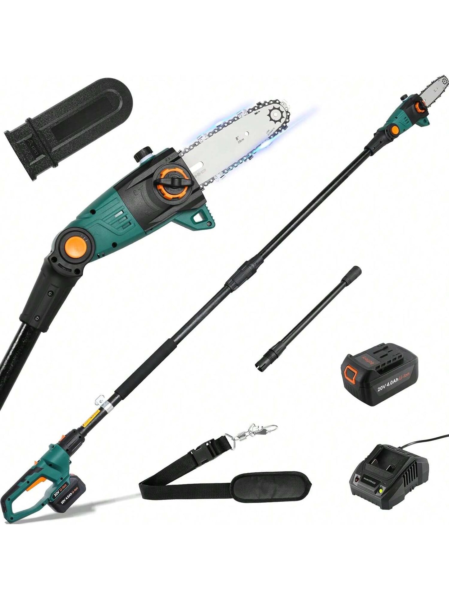 Perche ¨¦lagueuse ¨¦lectrique sans fil, scie t¨¦lescopique ¨¦lectrique, avec batterie/chargeur Li-Ion 20 V 4,0 Ah, longueur de lame 24 cm, vitesse de cha?ne 5 m/s, t¨ºte moteur avec inclinaison 30¡ã, jusqu'¨¤ 3 m