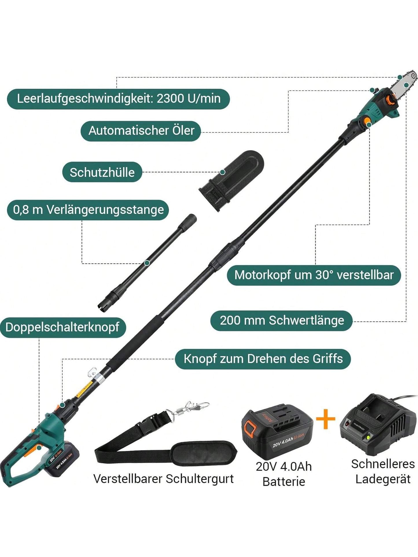 Perche ¨¦lagueuse ¨¦lectrique sans fil, scie t¨¦lescopique ¨¦lectrique, avec batterie/chargeur Li-Ion 20 V 4,0 Ah, longueur de lame 24 cm, vitesse de cha?ne 5 m/s, t¨ºte moteur avec inclinaison 30¡ã, jusqu'¨¤ 3 m