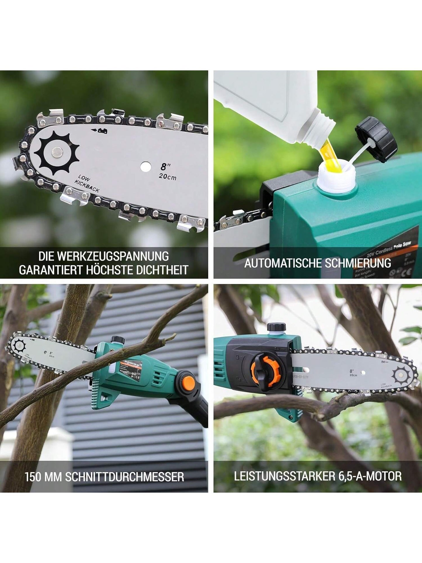 Perche ¨¦lagueuse ¨¦lectrique sans fil, scie t¨¦lescopique ¨¦lectrique, avec batterie/chargeur Li-Ion 20 V 4,0 Ah, longueur de lame 24 cm, vitesse de cha?ne 5 m/s, t¨ºte moteur avec inclinaison 30¡ã, jusqu'¨¤ 3 m