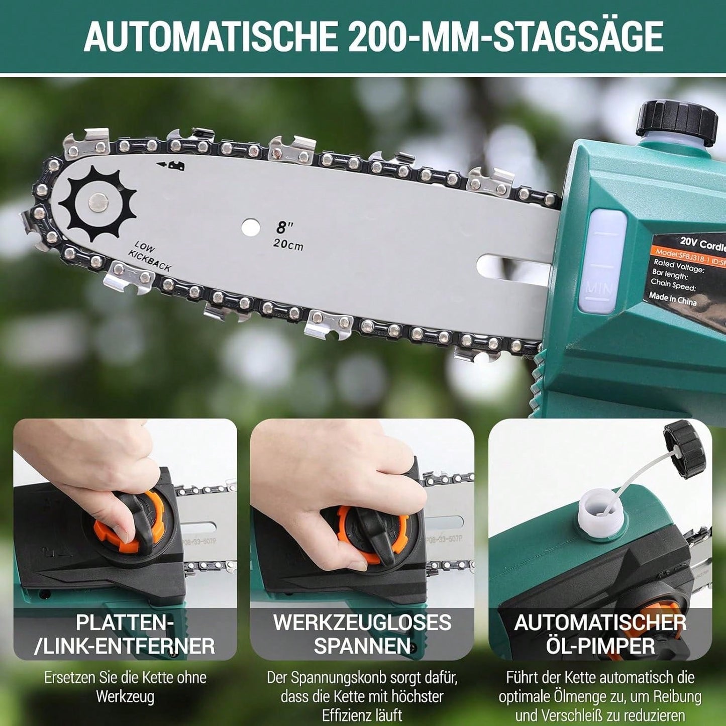 Perche ¨¦lagueuse ¨¦lectrique sans fil, scie t¨¦lescopique ¨¦lectrique, avec batterie/chargeur Li-Ion 20 V 4,0 Ah, longueur de lame 24 cm, vitesse de cha?ne 5 m/s, t¨ºte moteur avec inclinaison 30¡ã, jusqu'¨¤ 3 m