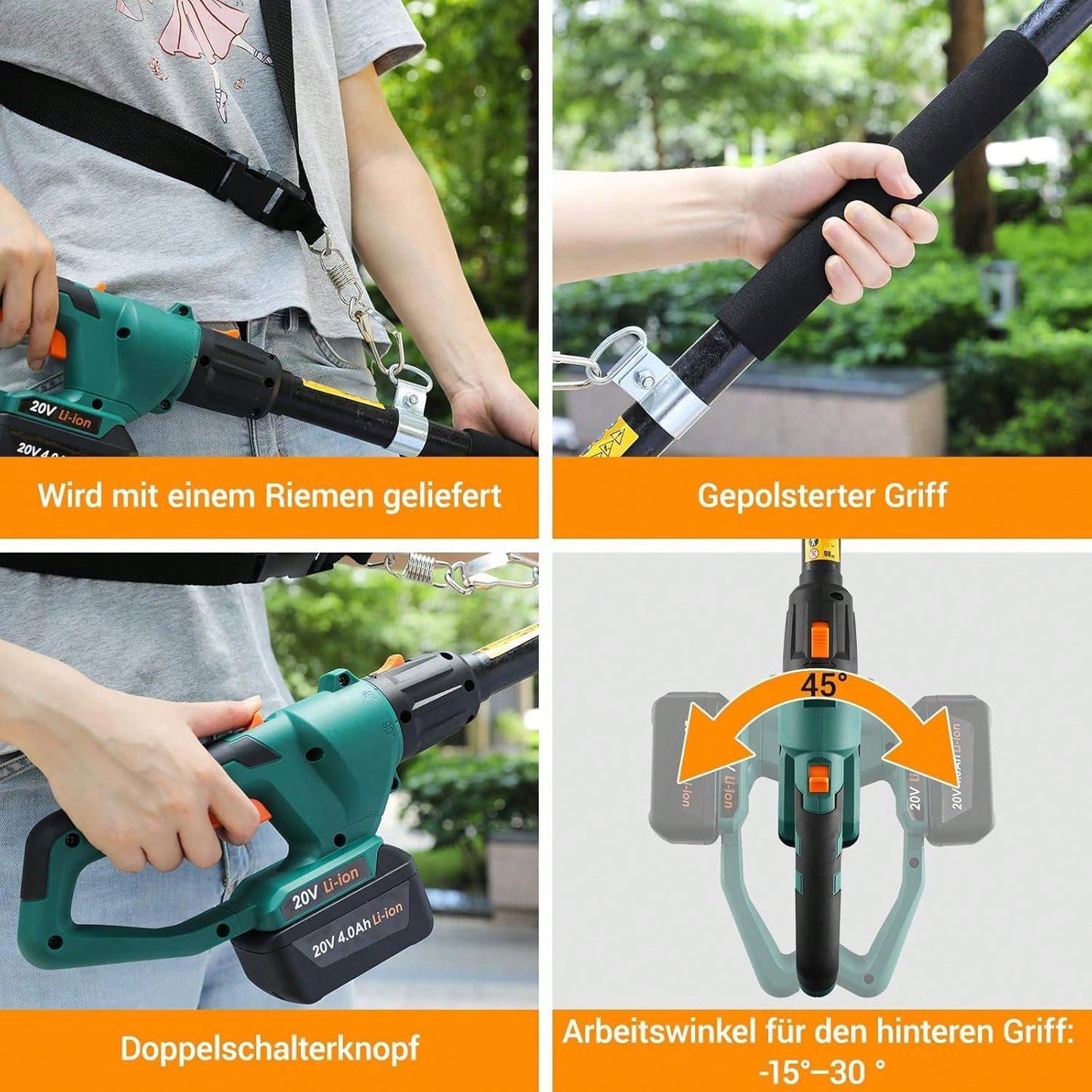 Perche ¨¦lagueuse ¨¦lectrique sans fil, scie t¨¦lescopique ¨¦lectrique, avec batterie/chargeur Li-Ion 20 V 4,0 Ah, longueur de lame 24 cm, vitesse de cha?ne 5 m/s, t¨ºte moteur avec inclinaison 30¡ã, jusqu'¨¤ 3 m
