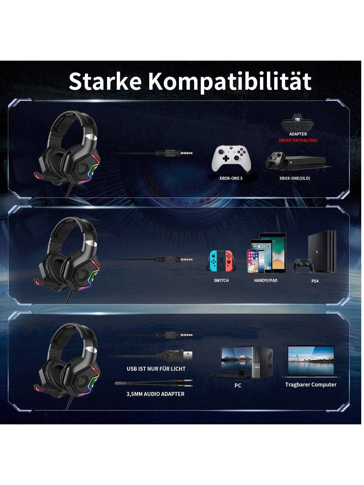 Casque de jeu avec casque antibruit Microphone et ¨¦clairage RGB pour Switch,PS4