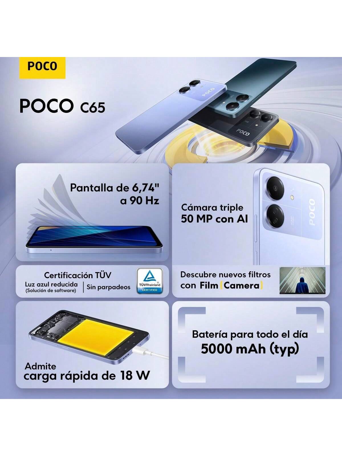 Smartphone + casque Poco C65, t¨¦l¨¦phone portable 8+256 Go sans contrat, ¨¦cran 6,74" 90 Hz, 5000 mAh, charge rapide 18 W, triple cam¨¦ra AI 50 MP