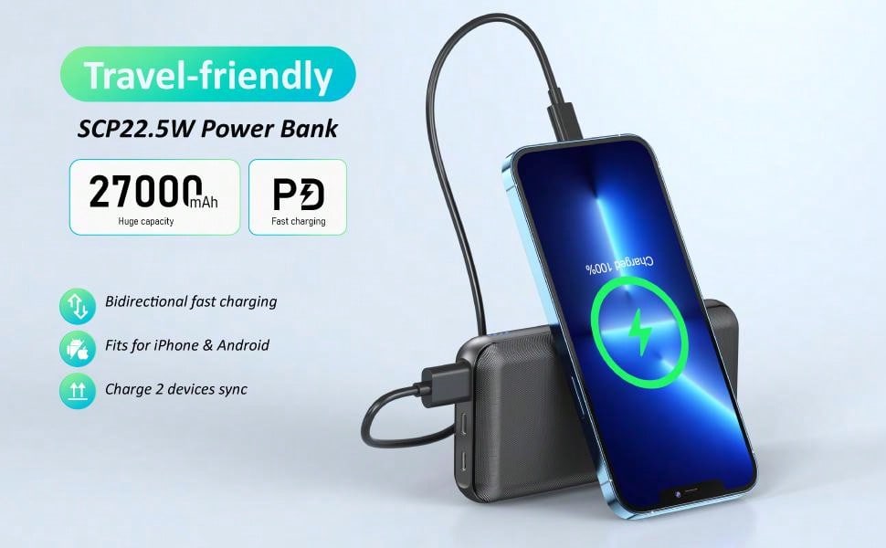 Power Bank 27 000 mAh, 22,5 W PD3.0 QC4.0 Batterie externe ¨¤ charge rapide, chargeur portable avec entr¨¦es et sorties USB-C, compatible avec iPhone, Samsung, Android et plus