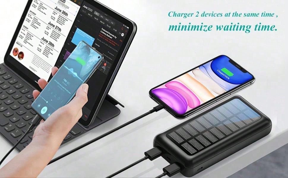 Solar Power Bank 30 000 mAh, chargeur portable ¨¤ charge rapide avec entr¨¦e USB-C, batterie externe avec technologie de reconnaissance automatique, Power Bank pratique pour t¨¦l¨¦phones portables et tablettes