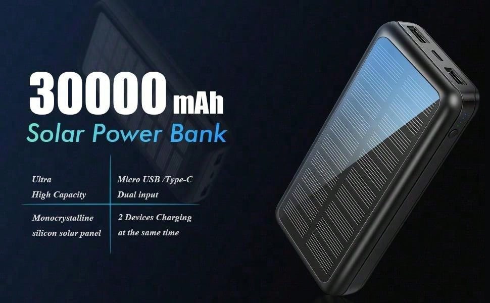 Solar Power Bank 30 000 mAh, chargeur portable ¨¤ charge rapide avec entr¨¦e USB-C, batterie externe avec technologie de reconnaissance automatique, Power Bank pratique pour t¨¦l¨¦phones portables et tablettes