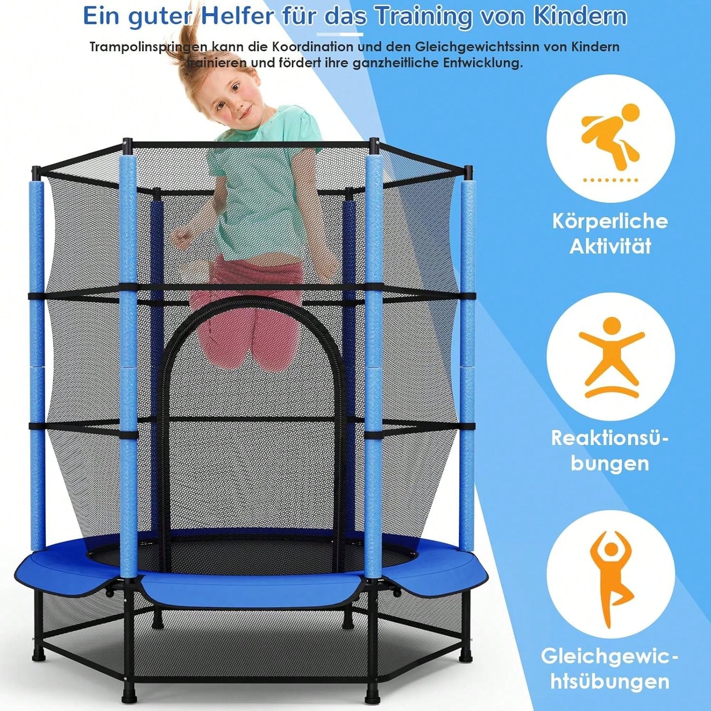 Trampoline pour enfants, trampoline ext¨¦rieur ? 140 cm x 162 cm, trampoline enfant int¨¦rieur avec filet de s¨¦curit¨¦, fermeture ¨¦clair, filet de protection au sol, trampoline de jardin jusqu'¨¤ 45 kg, trampoline enfant