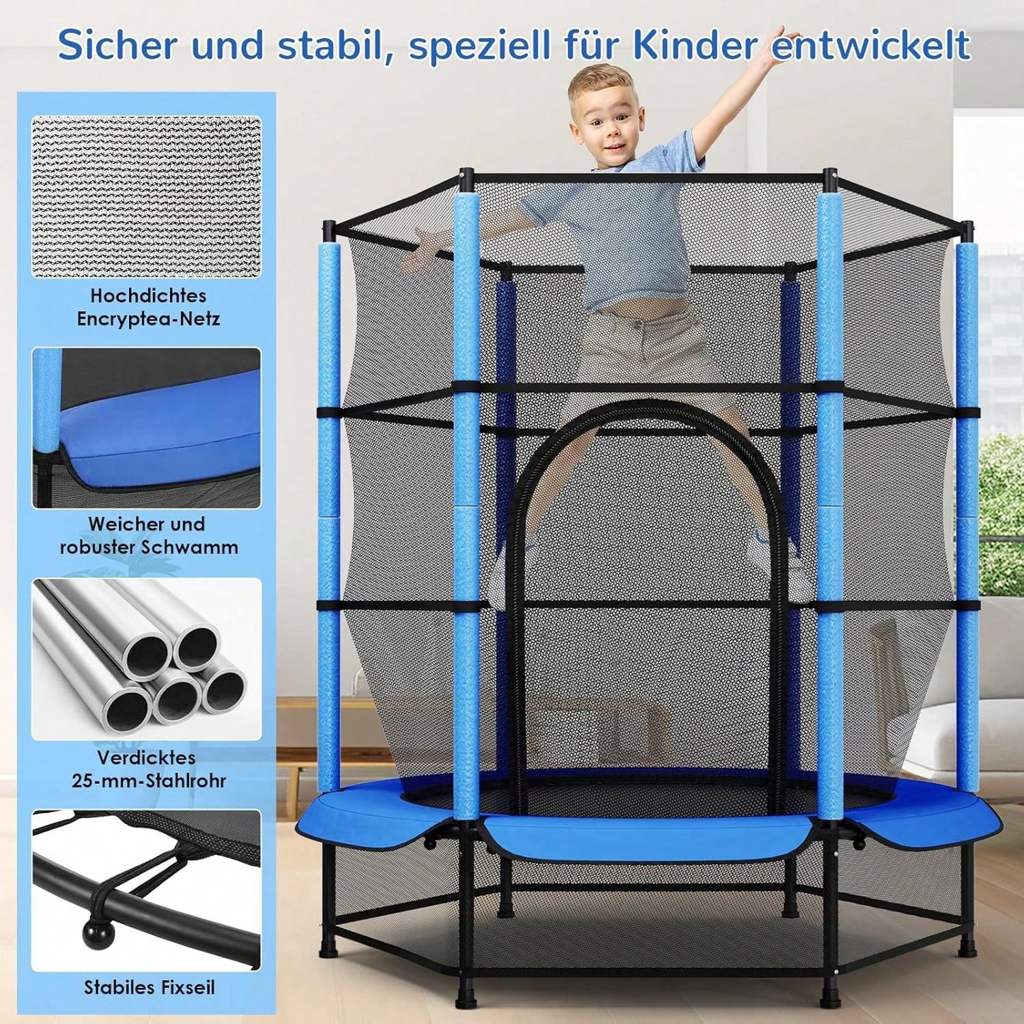 Trampoline pour enfants, trampoline ext¨¦rieur ? 140 cm x 162 cm, trampoline enfant int¨¦rieur avec filet de s¨¦curit¨¦, fermeture ¨¦clair, filet de protection au sol, trampoline de jardin jusqu'¨¤ 45 kg, trampoline enfant