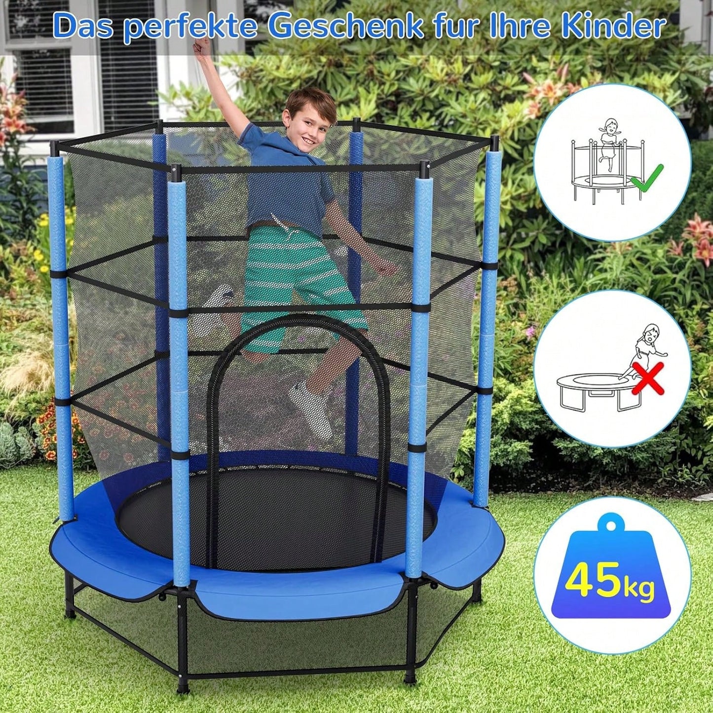 Trampoline pour enfants, trampoline ext¨¦rieur ? 140 cm x 162 cm, trampoline enfant int¨¦rieur avec filet de s¨¦curit¨¦, fermeture ¨¦clair, filet de protection au sol, trampoline de jardin jusqu'¨¤ 45 kg, trampoline enfant