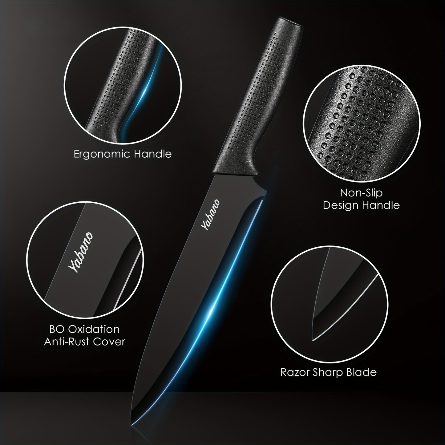 Ensemble de couteaux, ensemble de 7 couteaux de cuisine avec bloc ¨¤ couteaux universel en PE, ensemble de blocs ¨¤ couteaux avec aiguiseur int¨¦gr¨¦, couteaux de cuisine noirs pour hacher, trancher, couper en d¨¦s et couper, gadgets de cuisine cadeaux