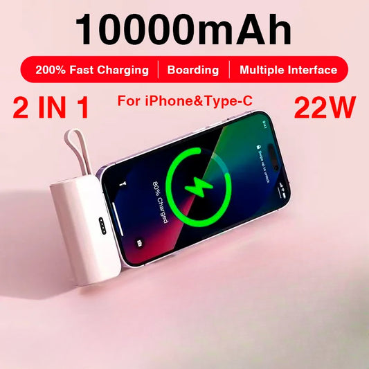 Mini Power Bank Portable 2 en 1, 10000mAh, Batterie Externe Plug Play, Type C, Chargeur Rapide et Efficace pour iPhone Huawei