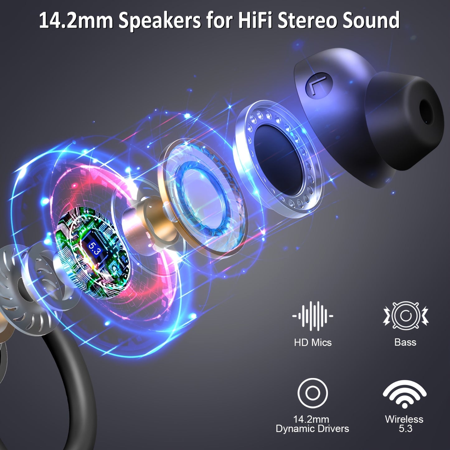 Écouteurs sans fil Q38 pour le sport, écouteurs sans fil 5.3 2024, écouteurs stéréo avec haut-parleur de 14.2 mm, écouteurs de 48 heures avec crochets d'oreille, microphone antibruit, écouteurs intra-auriculaires, adaptés à l'exercice/à la course à pied,