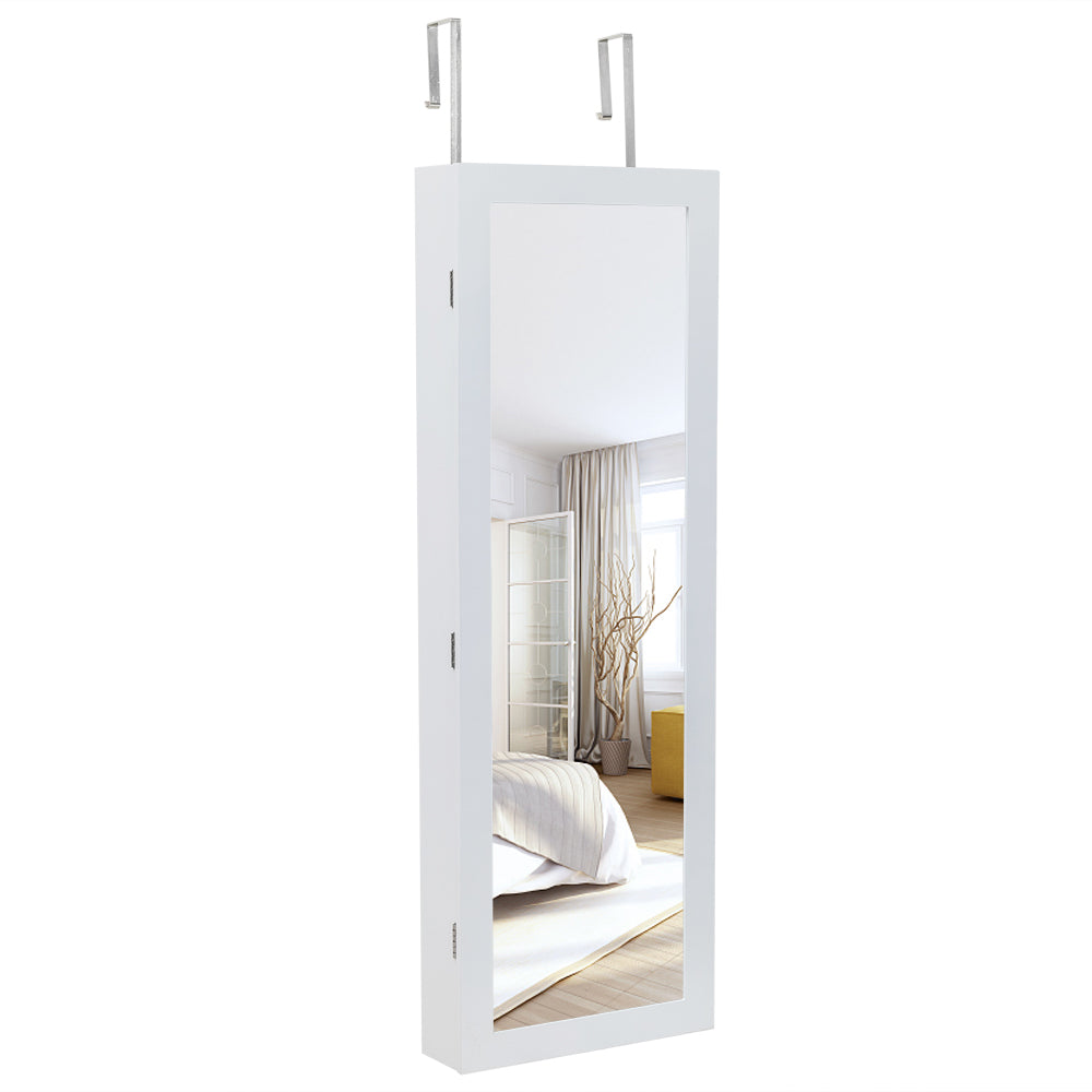 Miroir non int¨¦gral en bois, ¨¦tag¨¨re murale ¨¤ 4 niveaux, 2 tiroirs, 8 lumi¨¨res LED bleues, armoire ¨¤ bijoux avec miroir - Blanc