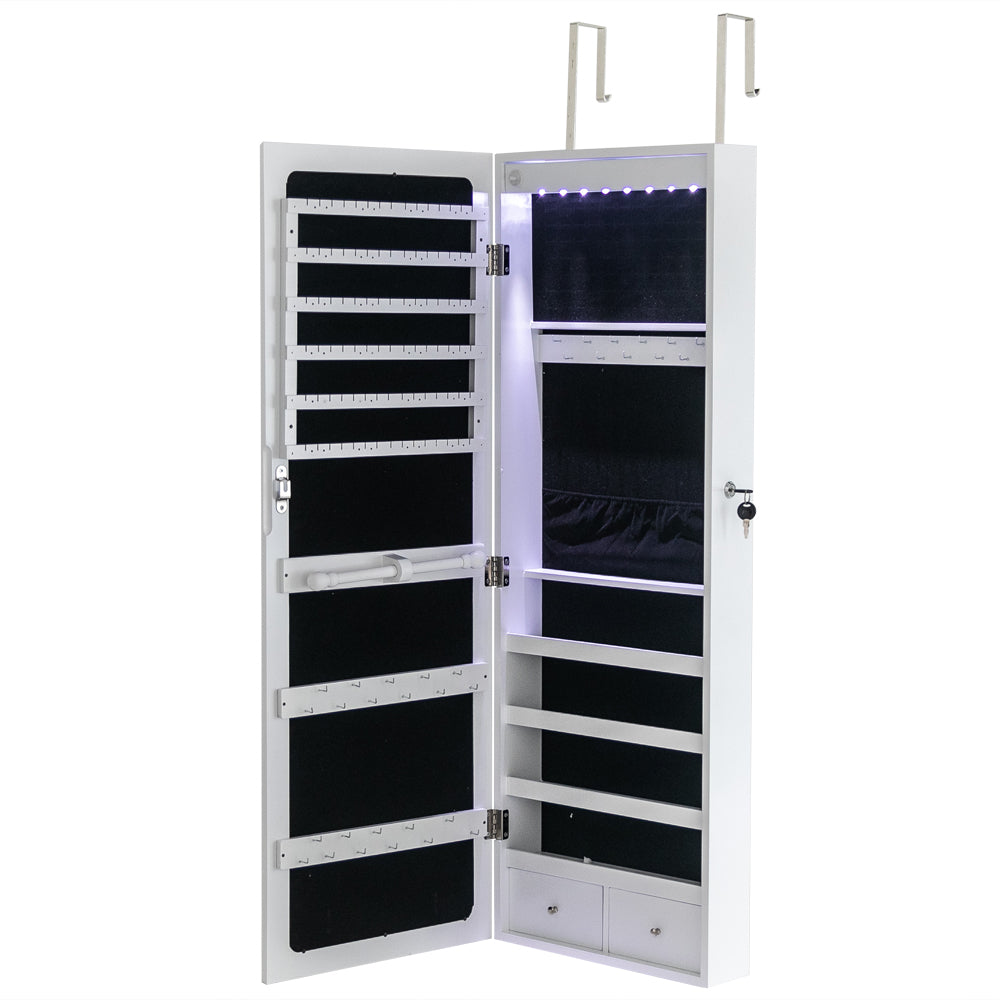 Miroir non int¨¦gral en bois, ¨¦tag¨¨re murale ¨¤ 4 niveaux, 2 tiroirs, 8 lumi¨¨res LED bleues, armoire ¨¤ bijoux avec miroir - Blanc