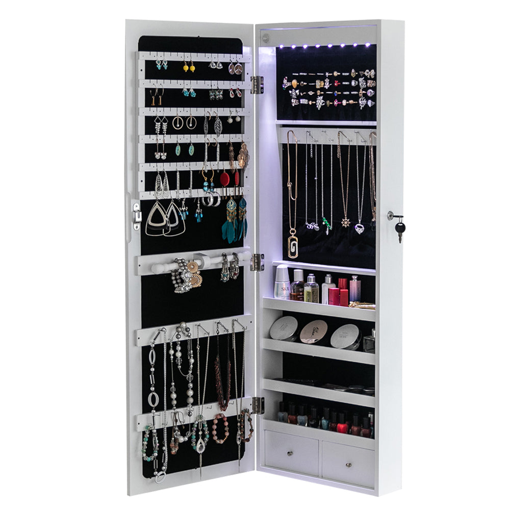 Miroir non int¨¦gral en bois, ¨¦tag¨¨re murale ¨¤ 4 niveaux, 2 tiroirs, 8 lumi¨¨res LED bleues, armoire ¨¤ bijoux avec miroir - Blanc