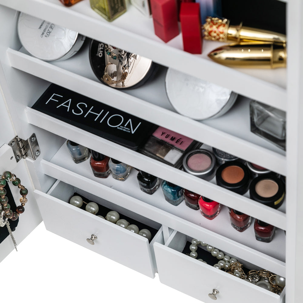 Miroir non int¨¦gral en bois, ¨¦tag¨¨re murale ¨¤ 4 niveaux, 2 tiroirs, 8 lumi¨¨res LED bleues, armoire ¨¤ bijoux avec miroir - Blanc