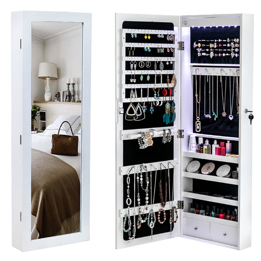 Miroir non int¨¦gral en bois, ¨¦tag¨¨re murale ¨¤ 4 niveaux, 2 tiroirs, 8 lumi¨¨res LED bleues, armoire ¨¤ bijoux avec miroir - Blanc