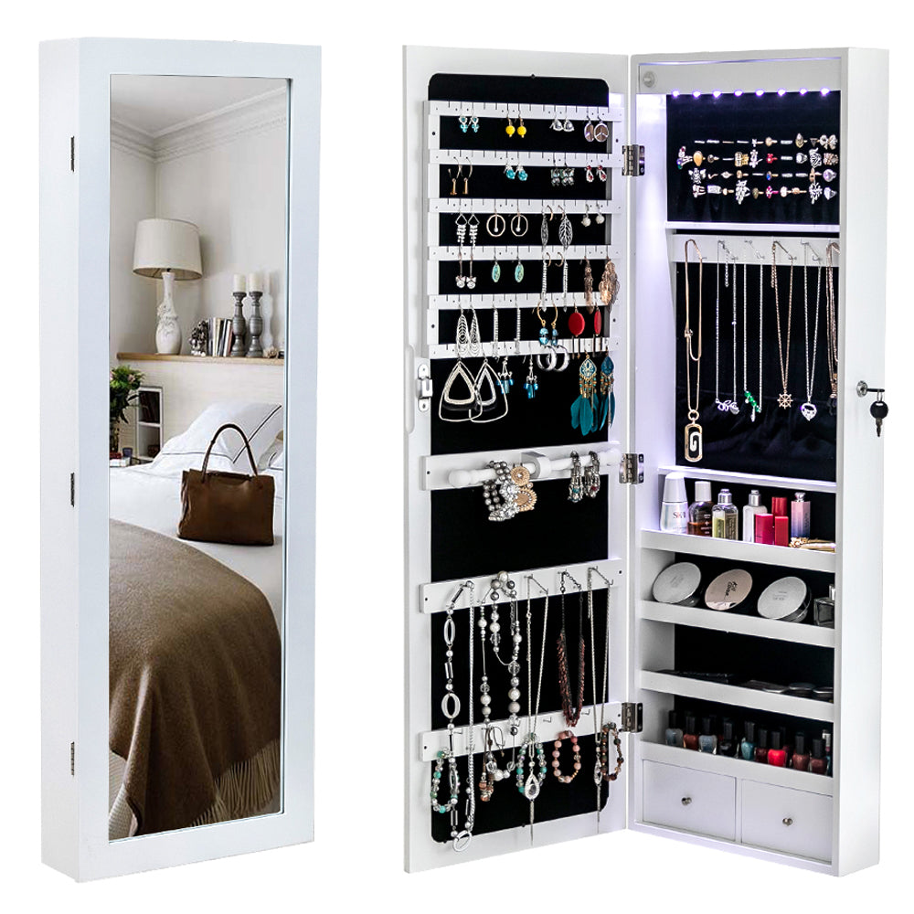 Miroir non int¨¦gral en bois, ¨¦tag¨¨re murale ¨¤ 4 niveaux, 2 tiroirs, 8 lumi¨¨res LED bleues, armoire ¨¤ bijoux avec miroir - Blanc