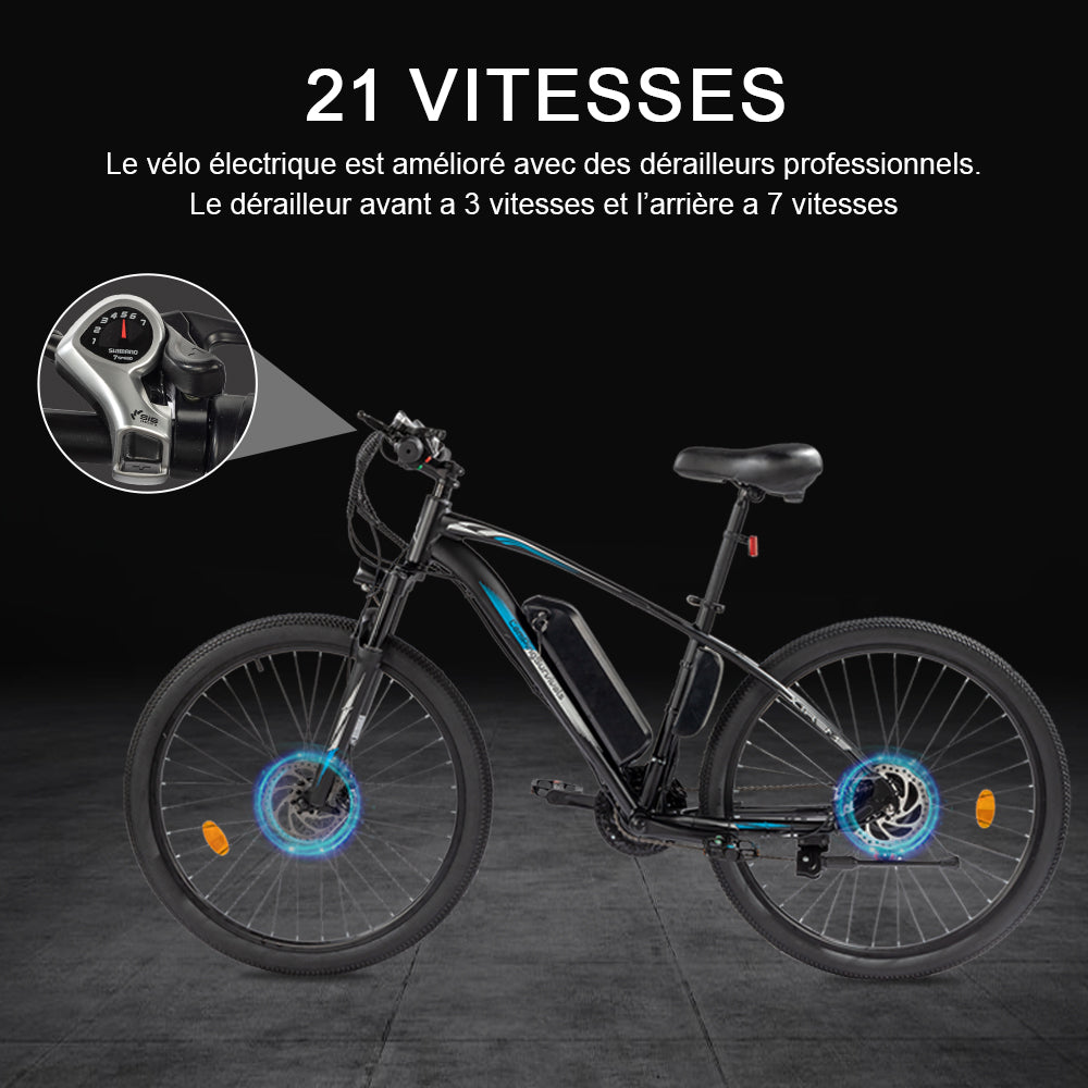 Vélo électrique, VTT électrique, 27.5" Ville E-Bike Adulte, Vélo électrique avec Batterie Amovible 36V 13Ah,7 Vitesses Bleu et Noir