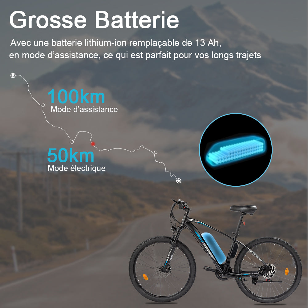 Vélo électrique, VTT électrique, 27.5" Ville E-Bike Adulte, Vélo électrique avec Batterie Amovible 36V 13Ah,7 Vitesses Bleu et Noir