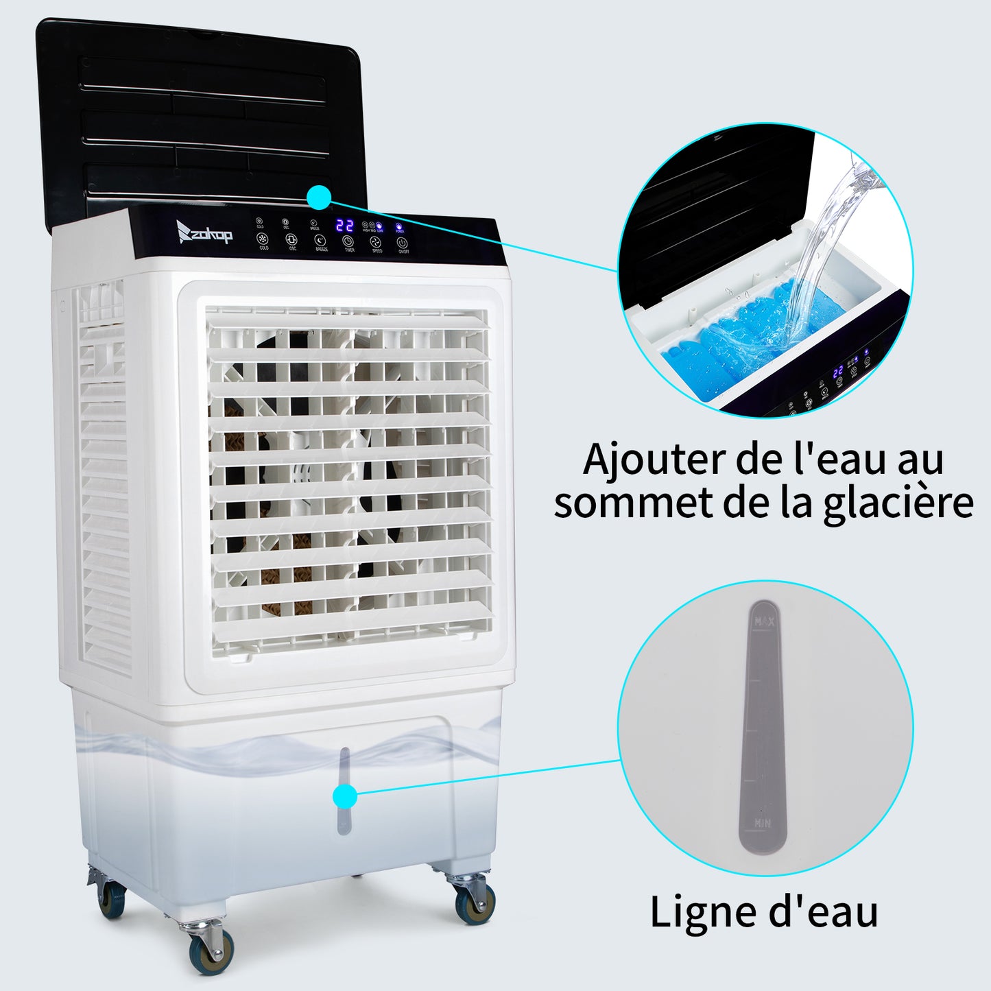 Refroidisseur ¨¤ ¨¦vaporation portable 3 en 1, int¨¦rieur, ext¨¦rieur, 2353CFM, t¨¦l¨¦commande, grand r¨¦servoir d'eau 6,6 Gal, roulettes, 4 packs de glace, blanc
