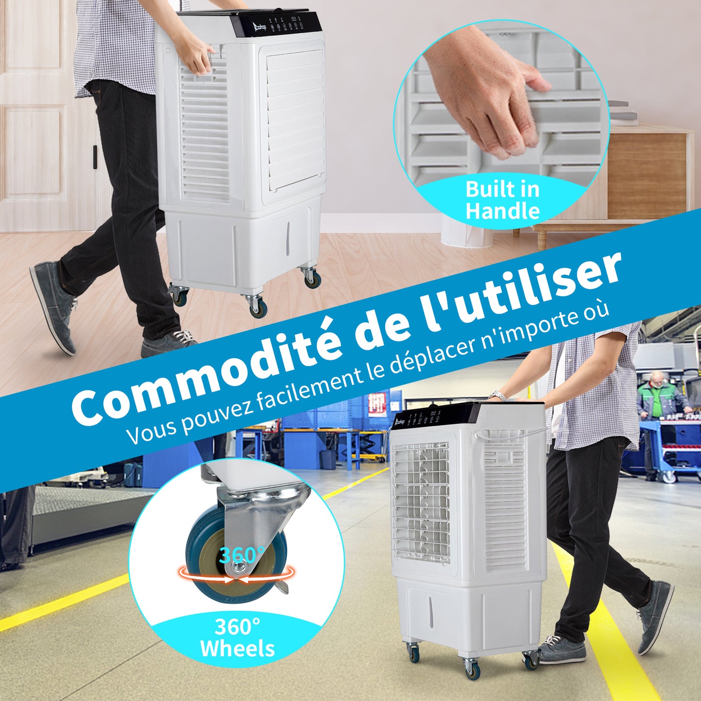 Refroidisseur ¨¤ ¨¦vaporation portable 3 en 1, int¨¦rieur, ext¨¦rieur, 2353CFM, t¨¦l¨¦commande, grand r¨¦servoir d'eau 6,6 Gal, roulettes, 4 packs de glace, blanc
