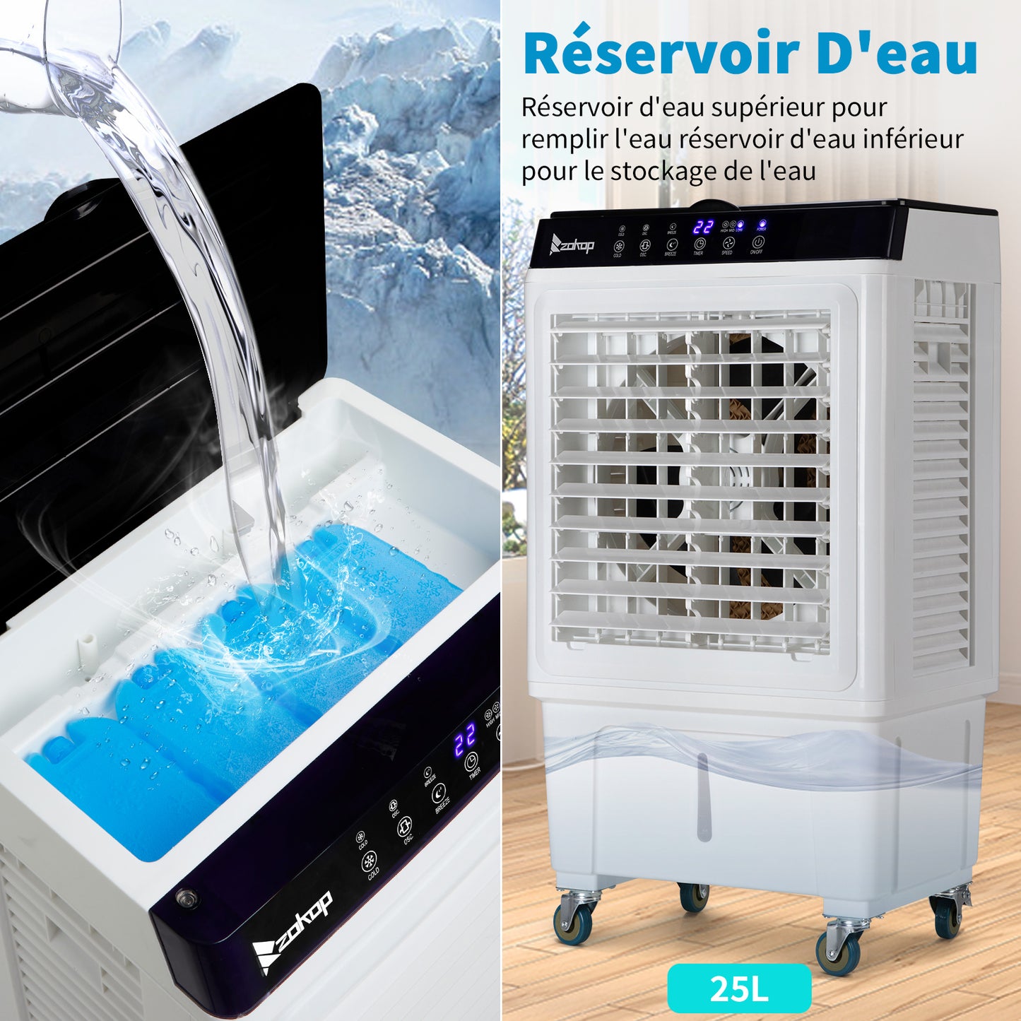 Refroidisseur ¨¤ ¨¦vaporation portable 3 en 1, int¨¦rieur, ext¨¦rieur, 2353CFM, t¨¦l¨¦commande, grand r¨¦servoir d'eau 6,6 Gal, roulettes, 4 packs de glace, blanc