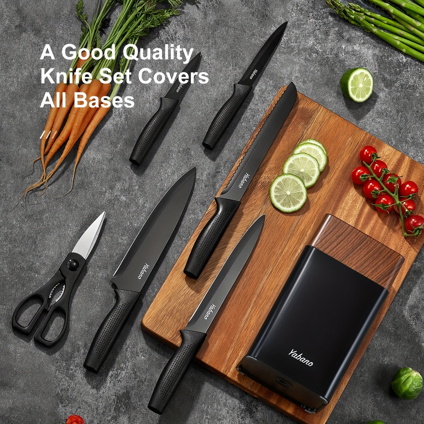Ensemble de couteaux, ensemble de 7 couteaux de cuisine avec bloc ¨¤ couteaux universel en PE, ensemble de blocs ¨¤ couteaux avec aiguiseur int¨¦gr¨¦, couteaux de cuisine noirs pour hacher, trancher, couper en d¨¦s et couper, gadgets de cuisine cadeaux
