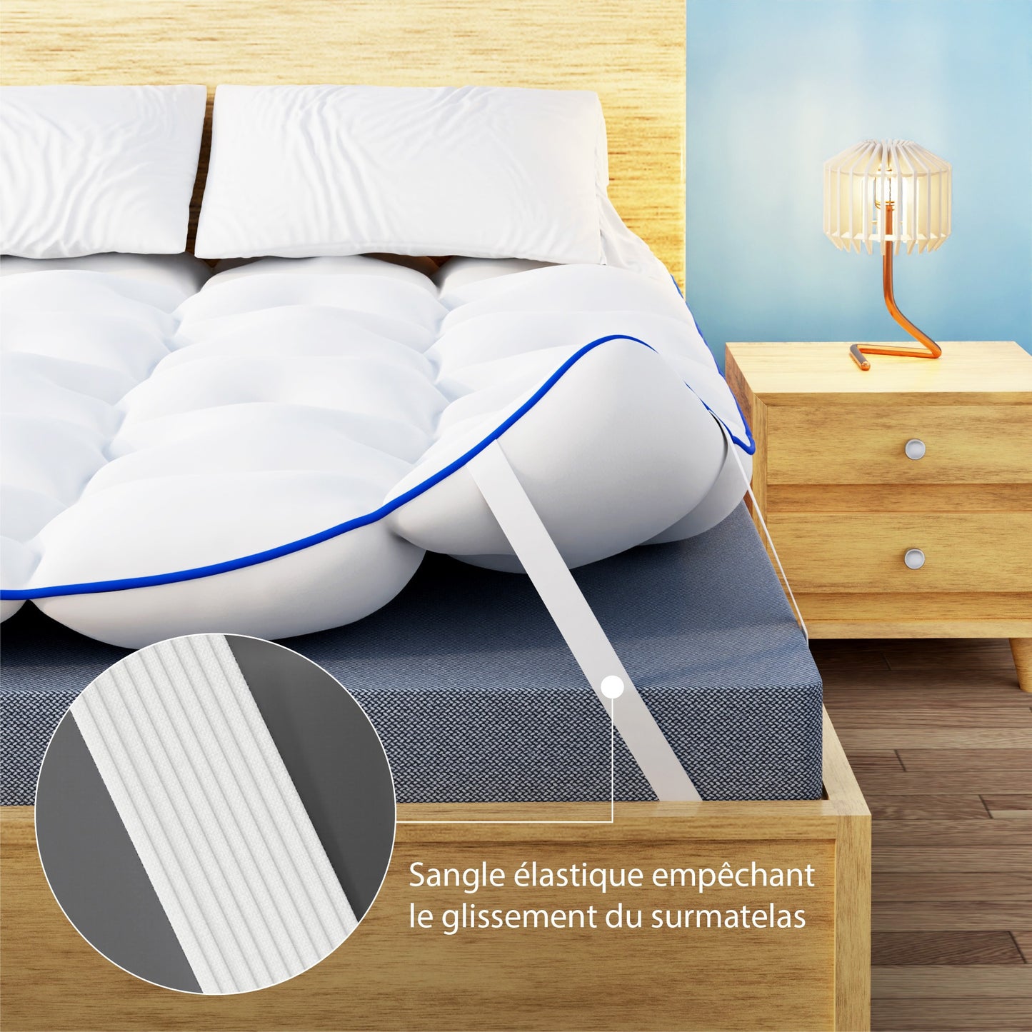 Surmatelas Diamant en Microfibre - Confort Optimal avec Liser¨¦ Bleu - Moelleux, Anti-Acarien et Respirant - Compatible avec Matelas 1-2 Places pour Adultes et Enfants, 140 x 190 cm