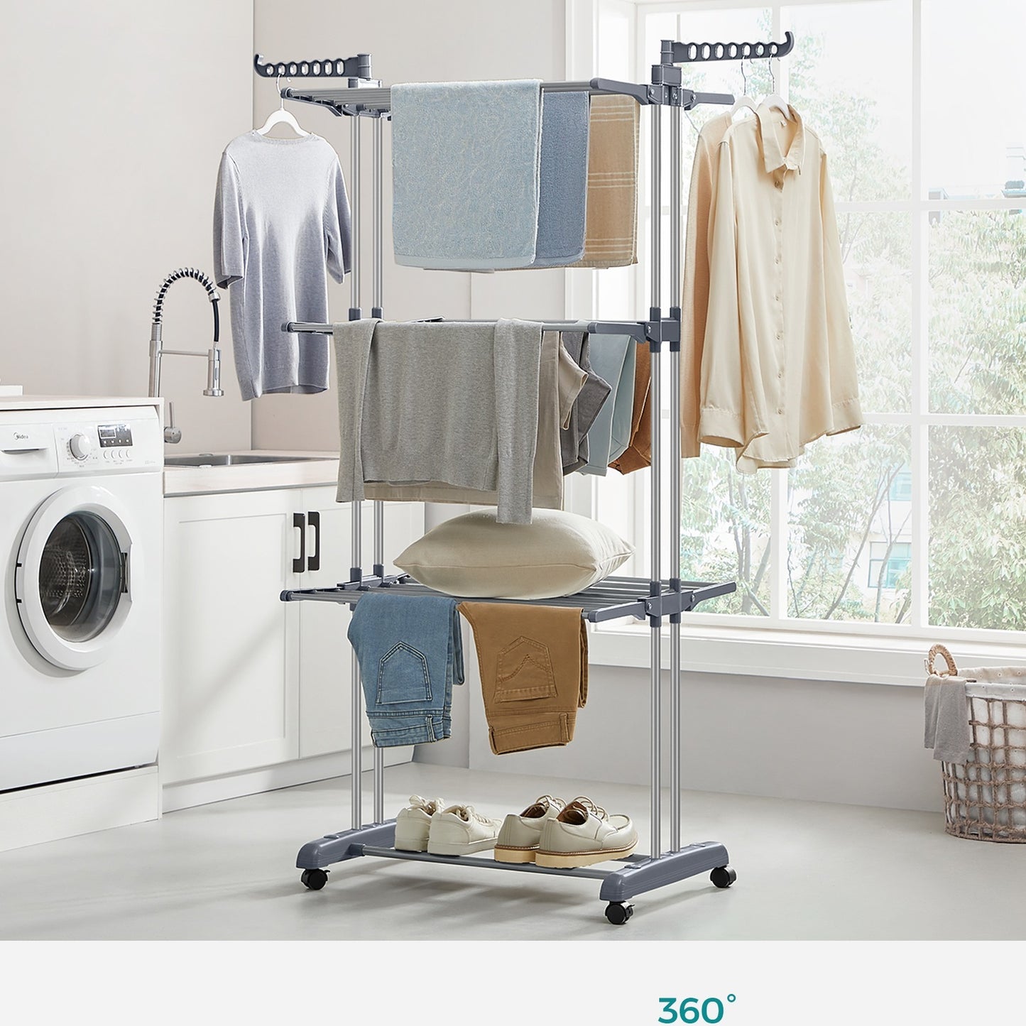 S¨¦choir ¨¤ Linge, Etendoir Linge Int¨¦rieur Pliable, avec roulettes, 4 Niveaux, 64 x 126 x 172 cm, Buanderie, Utilisation Int¨¦rieure et Ext¨¦rieure