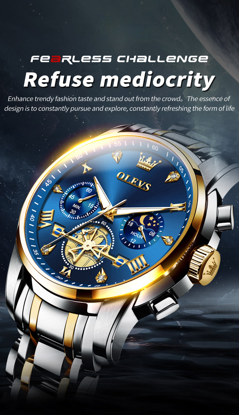 Montre ¨¤ Quartz pour Homme, Modules de Volant d'Inertie, Chronographe Seton, Phase de Lune, Montres-Bracelets Multifonctionnelles en Acier Inoxydable, 2856