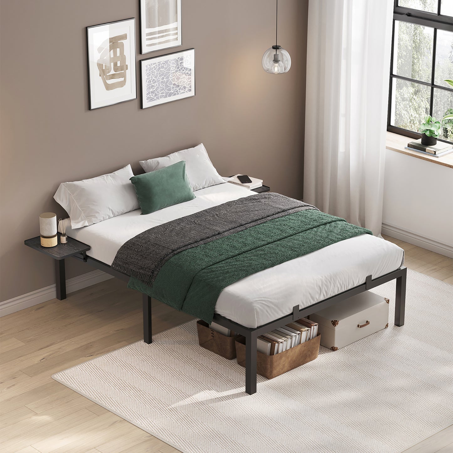 Lit Simple, Lit 1 Personne/Lit Double, Lit 2 Personnes, Cadre de Lit en M¨¦tal avec ¨¦tag¨¨res de Rangement, Lit Adolescent, Adapt¨¦ pour Matelas 160 x 200 cm, Montage Facile, Noir Classique