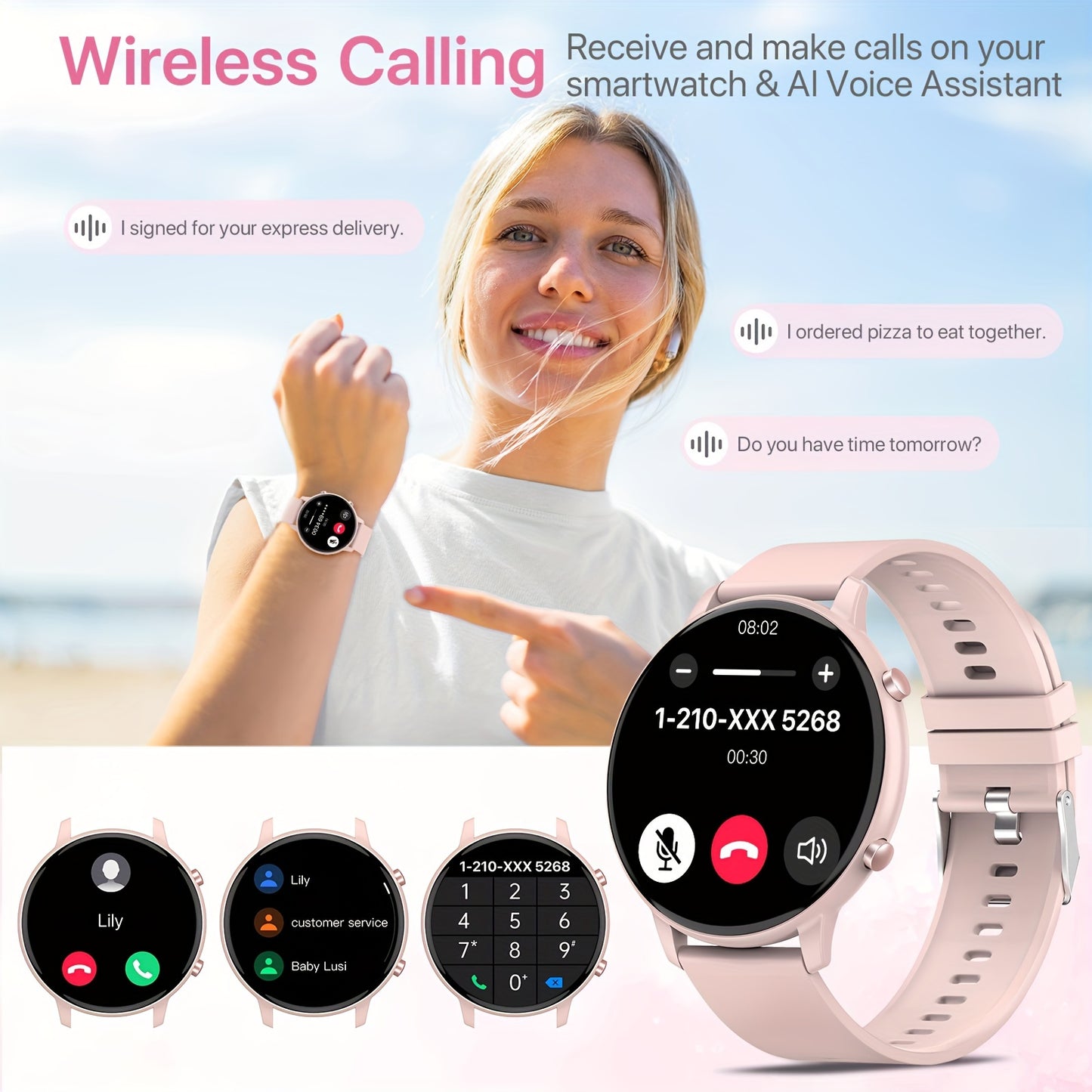Cadeau de montre intelligente pour femmes, écran tactile complet de 1.39 pouce, montre d'appel intelligente avec réponse et appel pour iPhone et téléphones Android, notification de message, suivi de la forme physique, podomètre, distance, calories, plus d