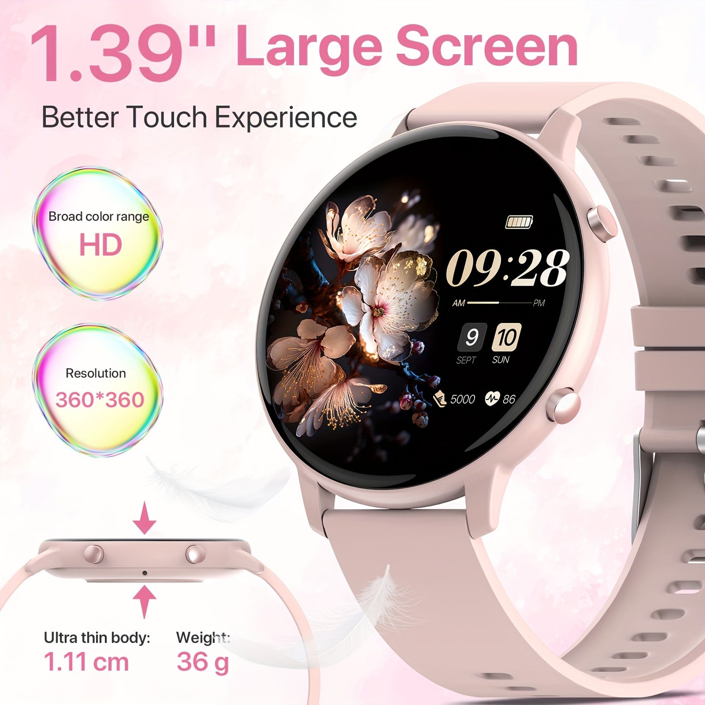 Cadeau de montre intelligente pour femmes, écran tactile complet de 1.39 pouce, montre d'appel intelligente avec réponse et appel pour iPhone et téléphones Android, notification de message, suivi de la forme physique, podomètre, distance, calories, plus d