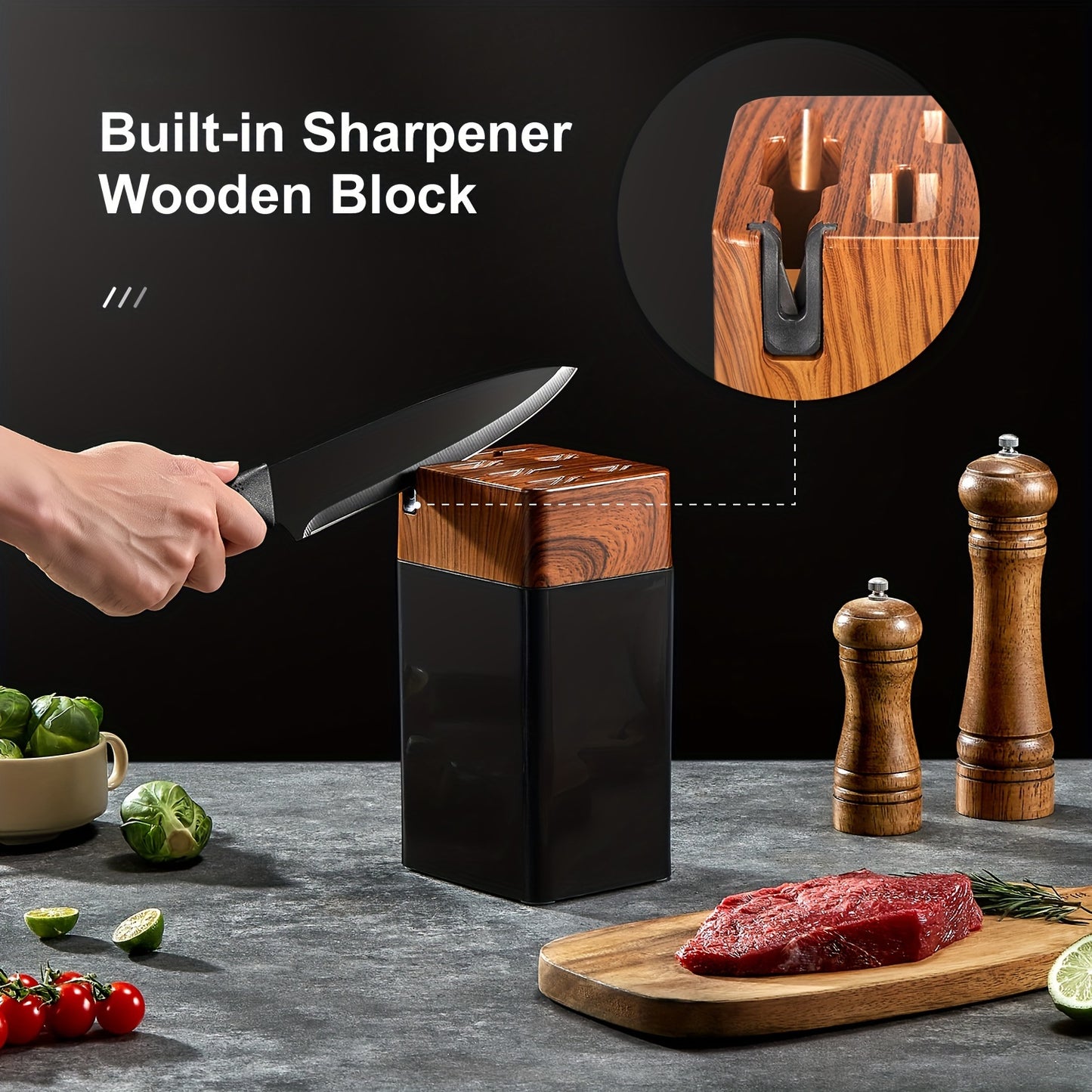 Ensemble de couteaux, ensemble de 7 couteaux de cuisine avec bloc ¨¤ couteaux universel en PE, ensemble de blocs ¨¤ couteaux avec aiguiseur int¨¦gr¨¦, couteaux de cuisine noirs pour hacher, trancher, couper en d¨¦s et couper, gadgets de cuisine cadeaux