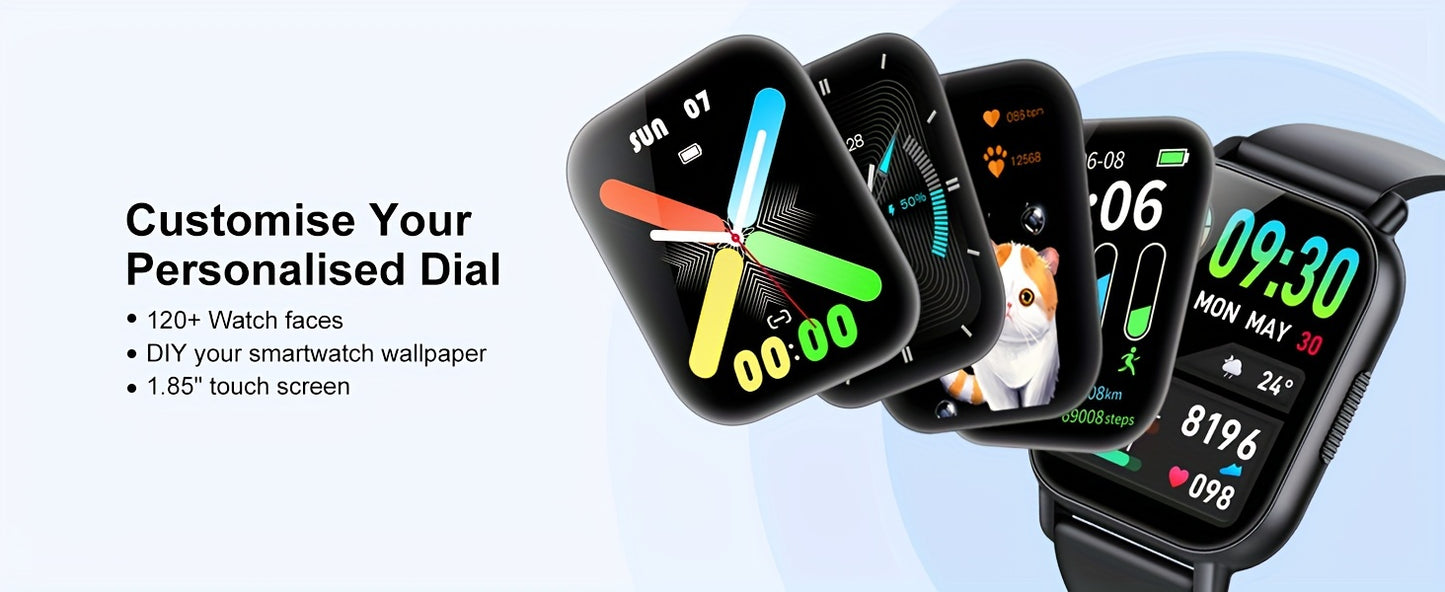 Montre connect¨¦e pour hommes/femmes avec appels sans fil et alertes de messages, montre de fitness avec ¨¦cran tactile HD de 1.85 pouce, 120+ modes sportifs, r¨¦ception/¨¦mission d'appels.
