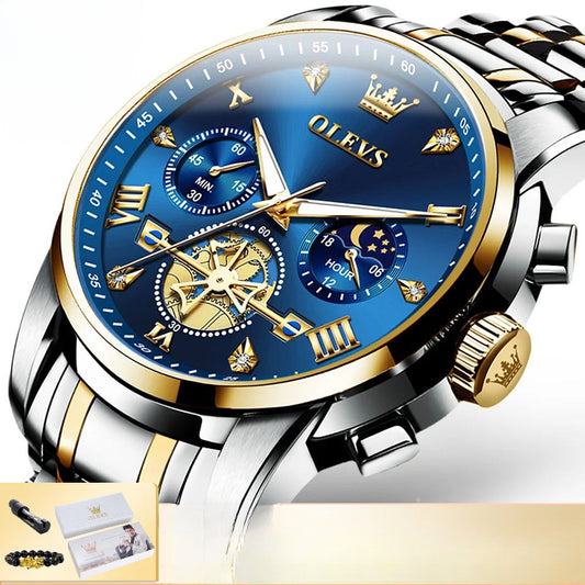 Montre ¨¤ Quartz pour Homme, Modules de Volant d'Inertie, Chronographe Seton, Phase de Lune, Montres-Bracelets Multifonctionnelles en Acier Inoxydable, 2856