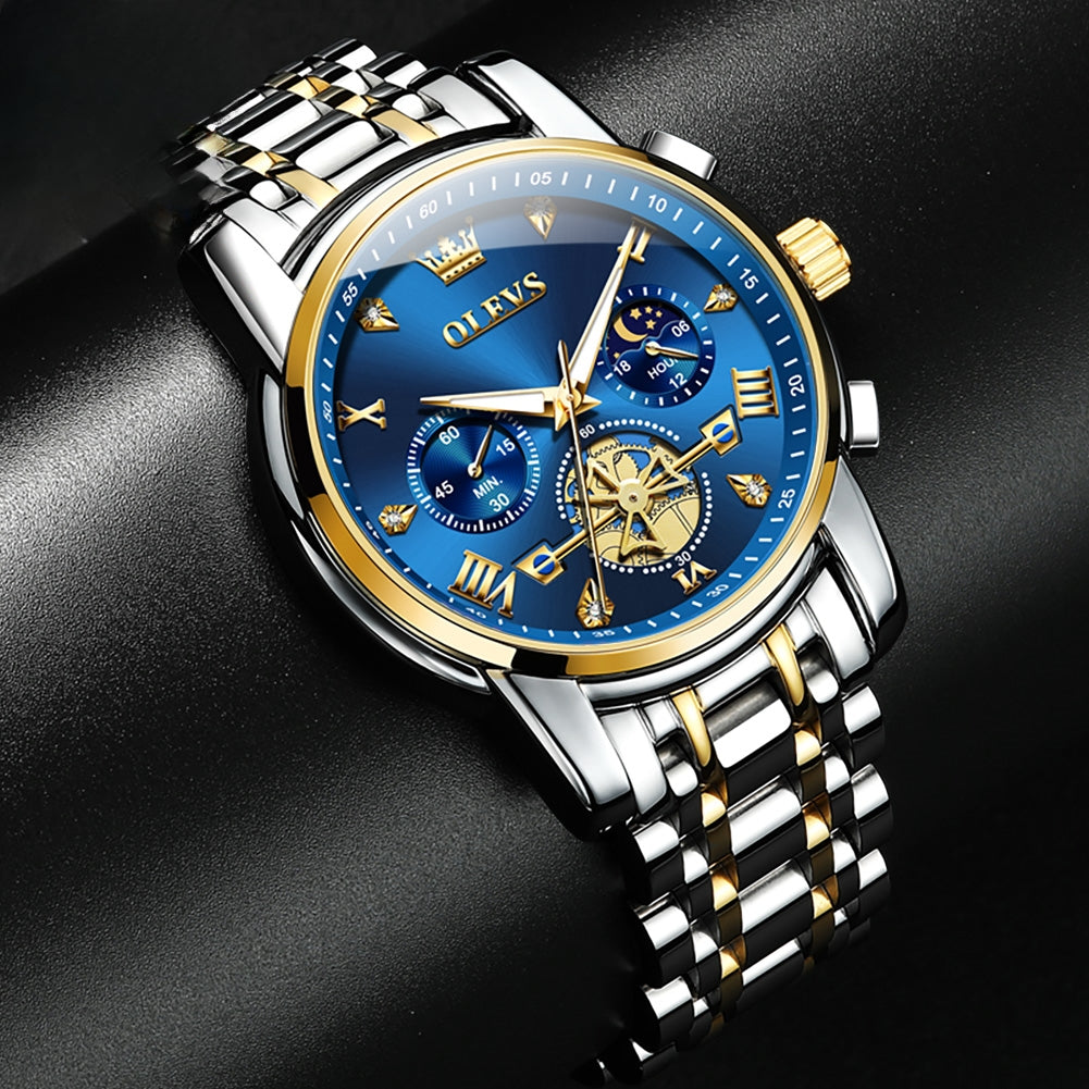 Montre ¨¤ Quartz pour Homme, Modules de Volant d'Inertie, Chronographe Seton, Phase de Lune, Montres-Bracelets Multifonctionnelles en Acier Inoxydable, 2856