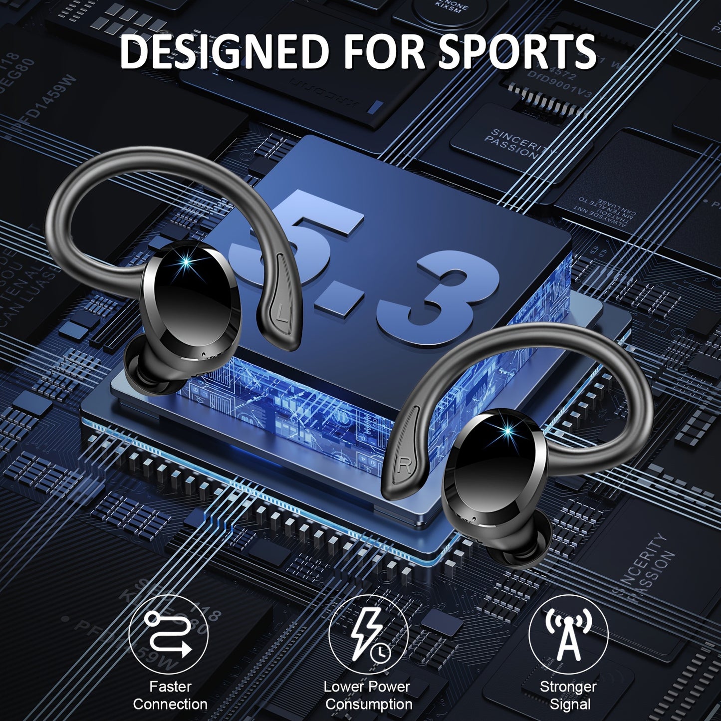 Écouteurs sans fil Q38 pour le sport, écouteurs sans fil 5.3 2024, écouteurs stéréo avec haut-parleur de 14.2 mm, écouteurs de 48 heures avec crochets d'oreille, microphone antibruit, écouteurs intra-auriculaires, adaptés à l'exercice/à la course à pied,