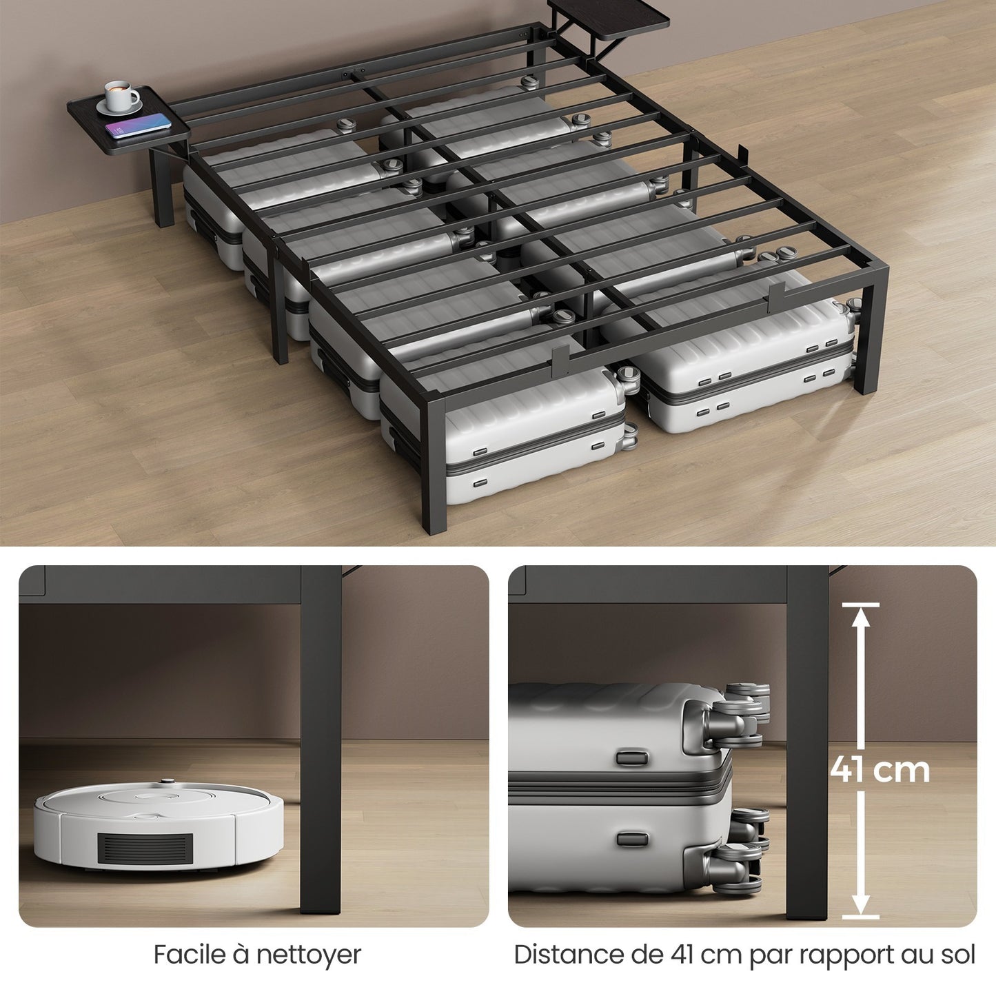 Lit Simple, Lit 1 Personne/Lit Double, Lit 2 Personnes, Cadre de Lit en M¨¦tal avec ¨¦tag¨¨res de Rangement, Lit Adolescent, Adapt¨¦ pour Matelas 160 x 200 cm, Montage Facile, Noir Classique