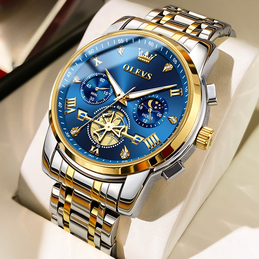Montre ¨¤ Quartz pour Homme, Modules de Volant d'Inertie, Chronographe Seton, Phase de Lune, Montres-Bracelets Multifonctionnelles en Acier Inoxydable, 2856