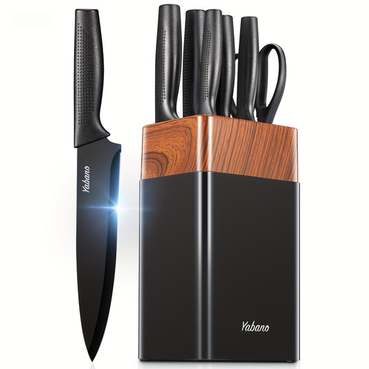 Ensemble de couteaux, ensemble de 7 couteaux de cuisine avec bloc ¨¤ couteaux universel en PE, ensemble de blocs ¨¤ couteaux avec aiguiseur int¨¦gr¨¦, couteaux de cuisine noirs pour hacher, trancher, couper en d¨¦s et couper, gadgets de cuisine cadeaux