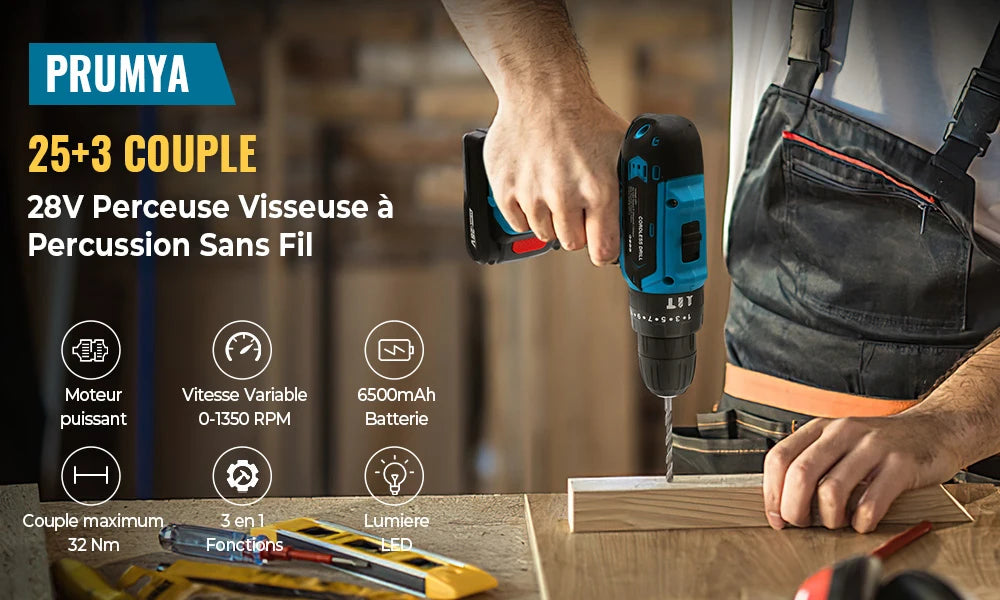 Tournevis sans fil ½Ç impact 28V, perceuses ½Ç grande vitesse, perceuse ½Ç batterie aste, perceuse domestique, outils ¹Èlectriques avec forets