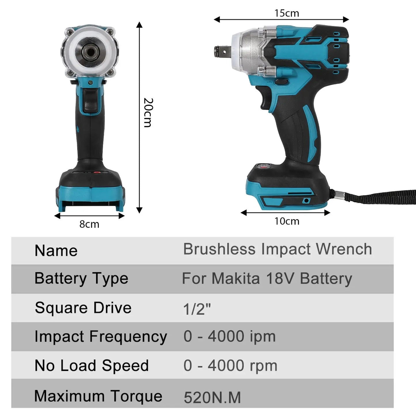 Perceuse ½Ç percussion ¹Èlectrique sans fil, sans balais, perceuse ½Ç main, outil ¹Èlectrique ½Ç douille, batterie Makita 18V, 520 N.M, 1/2"