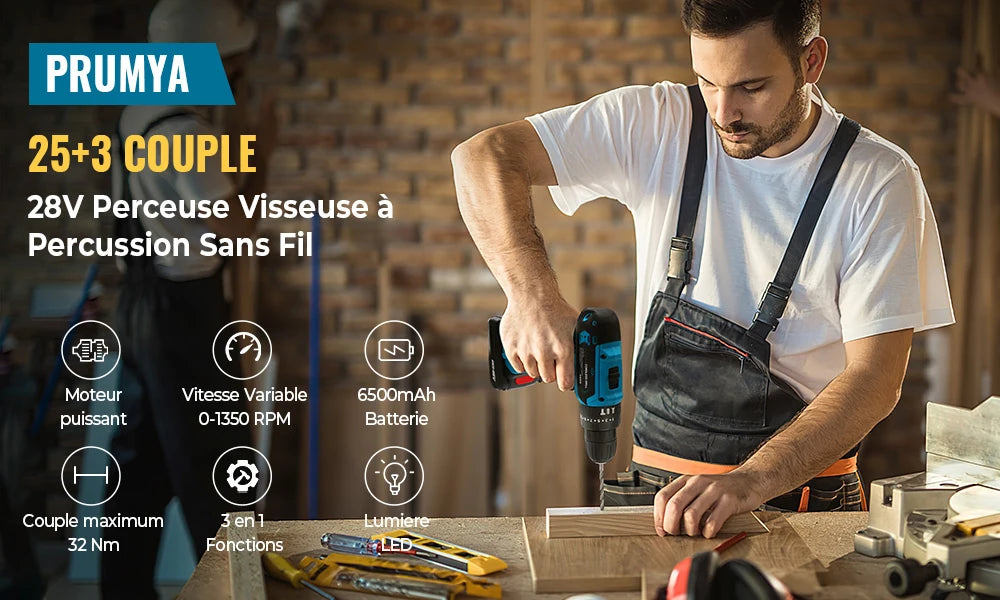 Tournevis sans fil ½Ç impact 28V, perceuses ½Ç grande vitesse, perceuse ½Ç batterie aste, perceuse domestique, outils ¹Èlectriques avec forets