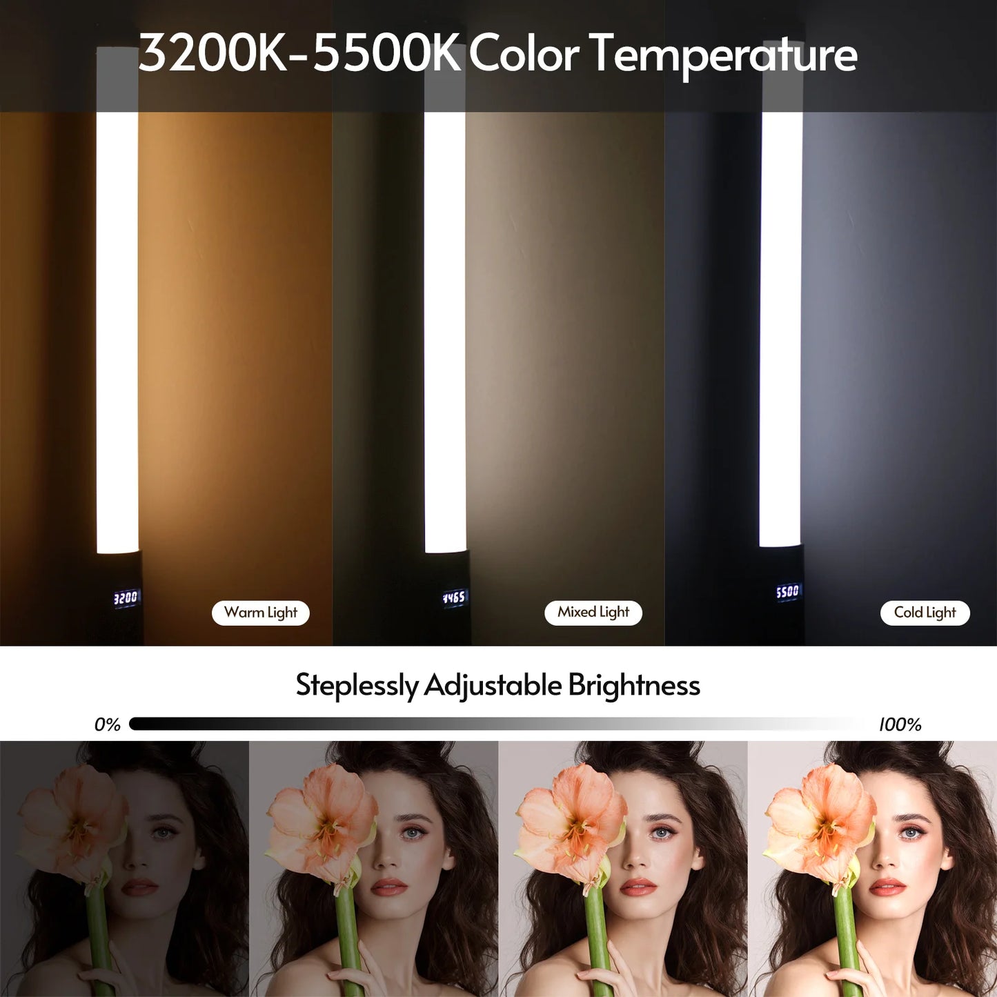 Baguette lumineuse vid¨¦o LED ¨¤ intensit¨¦ variable avec t¨¦l¨¦commande, d¨¦terminer RVB, tube lumineux, Vlog, diffusion en direct, photographie de portrait, 3200K-5500K