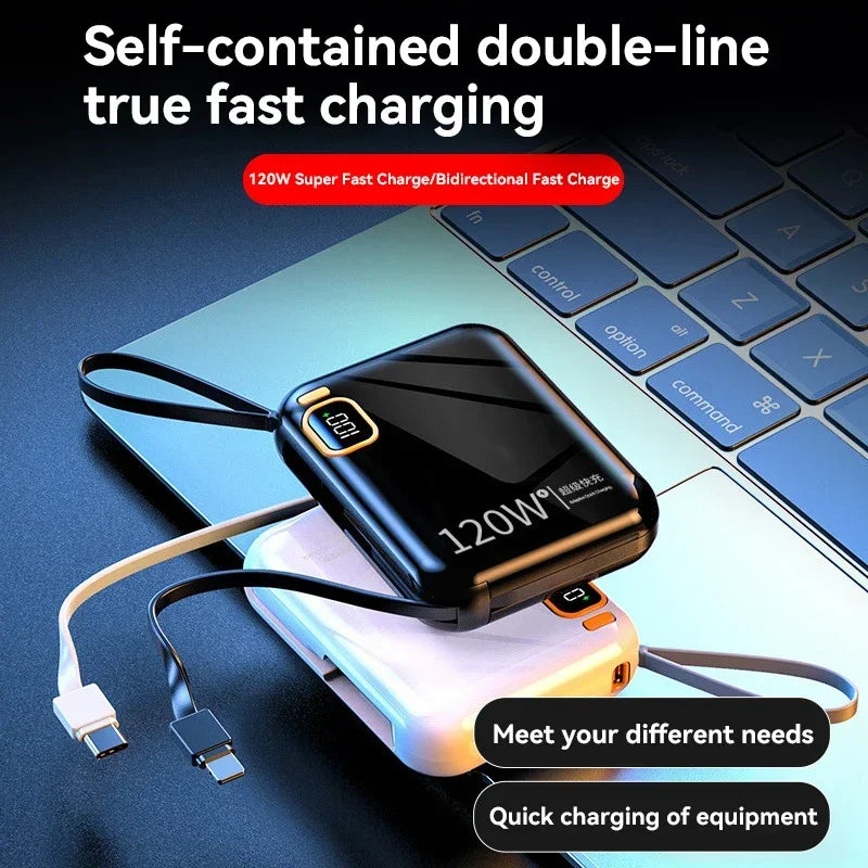 Banque d'alimentation portable pour iPhone, Xiaomi, Samsung, mini chargeur rapide bidirectionnel, poign¨¦es USB vers cable de type C amovibles, PD120W, 50000mAh