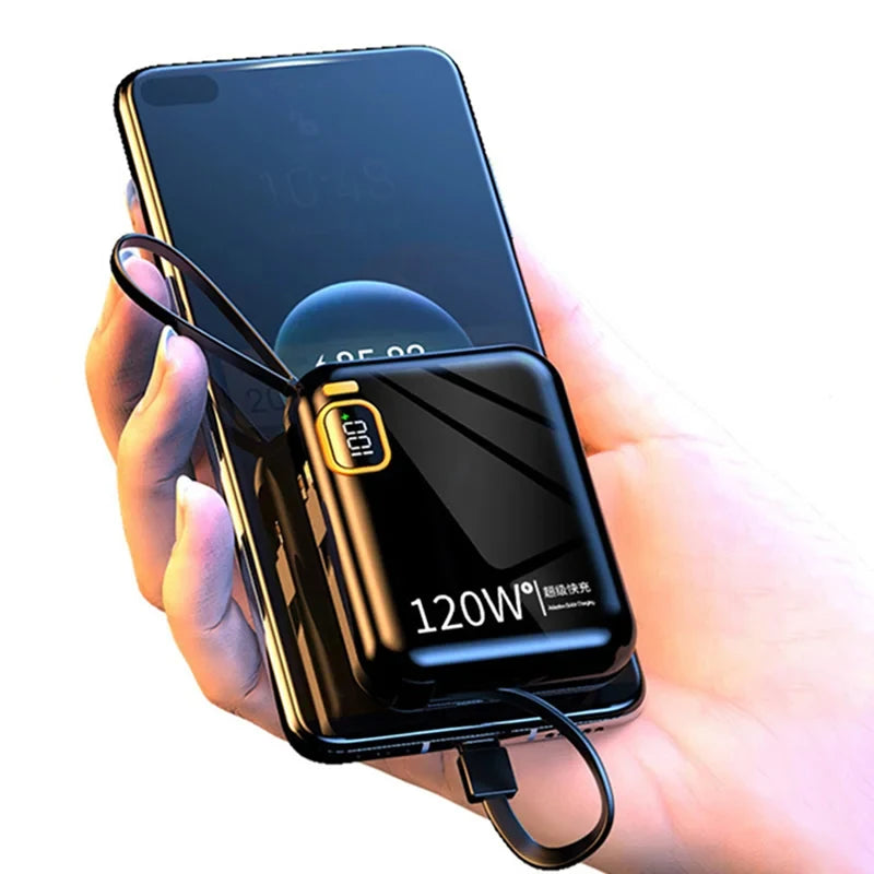 Banque d'alimentation portable pour iPhone, Xiaomi, Samsung, mini chargeur rapide bidirectionnel, poign¨¦es USB vers cable de type C amovibles, PD120W, 50000mAh