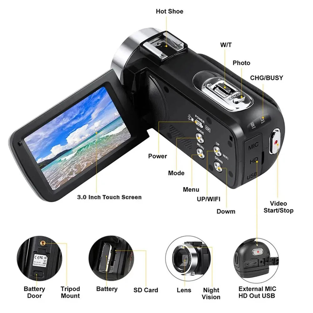 Cam¨¦ra vid¨¦o num¨¦rique avec vision nocturne et n'aime optique 16x, cam¨¦scope pour la prise de vue de vid¨¦os Vlogger, cam¨¦ra statique, 16m, 1080P